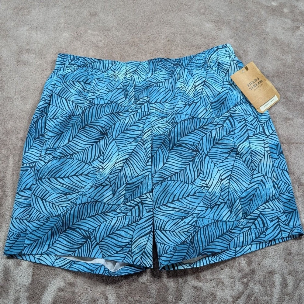 Field & Stream Swim Trunks Mens L Blue Tropical Leaf Print Mesh Lined Shorts